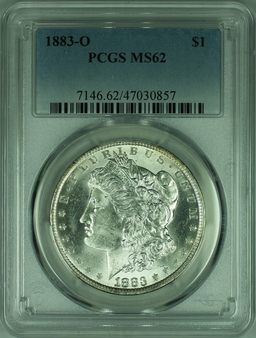 PCGS MS-62 New Orleans 1883-O Morgan Silver Dollar Uncirculated Coin: PCGS MS-62 New Orleans 1883-O Morgan Silver Dollar Uncirculated Coin This 1883-O Morgan Silver Dollar coin is certified by PCGS with a grade of MS-62, indicating it is uncirculated and in excellent co