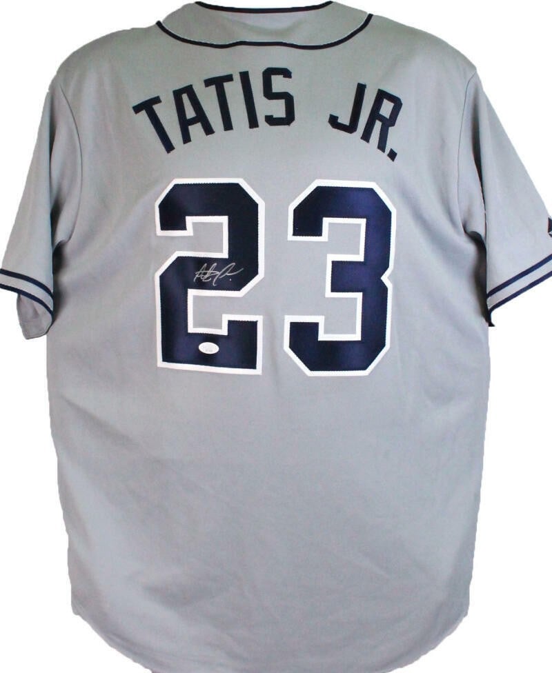 JSA Fernando Tatis Jr signed Majestic Padres gray jersey: JSA Fernando Tatis Jr signed Majestic Padres gray jersey Fernando Tatis Jr. autographed San Diego Padres grey Majestic jersey. The item is listed as original and pre-owned, and it is identified as a j