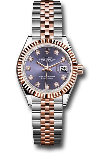Aubergine Diamond Dial Rolex Datejust Lady Ref 279171 Jubilee Bracelet 2017: Aubergine Diamond Dial Rolex Datejust Lady Ref 279171 Jubilee Bracelet 2017 This Rolex Datejust Lady watch features an aubergine diamond dial paired with a fluted bezel and a Jubilee bracelet. The tim