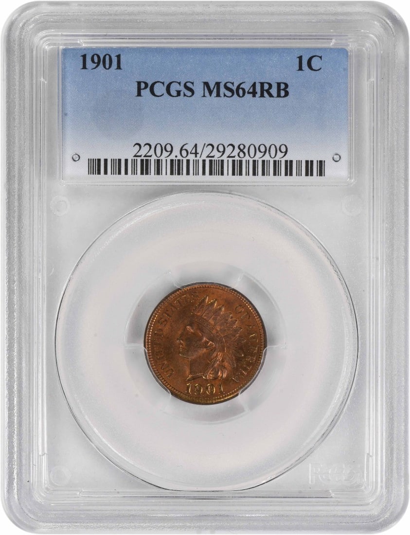PCGS MS64RB 1901 Indian Head Copper Small Cent: PCGS MS64RB 1901 Indian Head Copper Small Cent This 1901 Indian Head Cent is graded MS64RB by PCGS, indicating a high-quality uncirculated coin with attractive red and brown coloration. Struck in copp