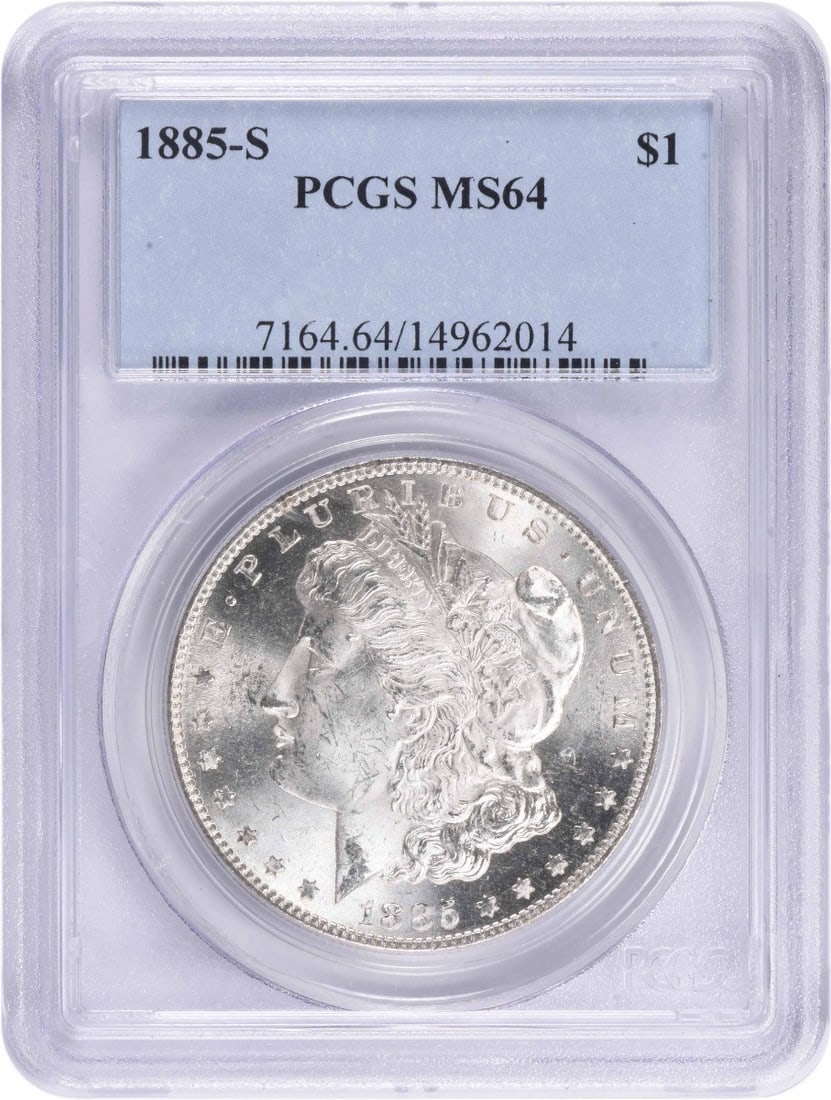 1885-S Morgan Silver Dollar MS64 PCGS San Francisco Coin: 1885-S Morgan Silver Dollar MS64 PCGS San Francisco Coin This 1885-S Morgan Silver Dollar is a stunning piece of numismatic history, graded MS64 by PCGS. Struck in 90% silver and 10% copper at the San