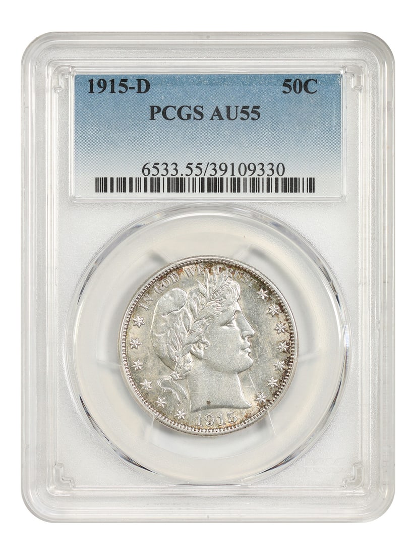 PCGS AU55 1915-D Barber Half Dollar 50C: PCGS AU55 1915-D Barber Half Dollar 50C A 1915-D Barber Half Dollar with a 50C denomination and Denver mint location. It is certified by PCGS and graded AU55. Condition is pre-owned. Specifications De