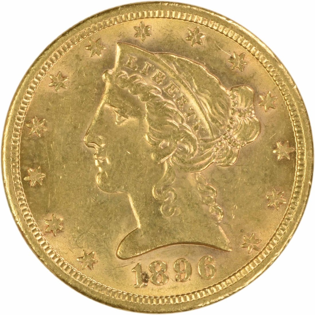 1896-S Liberty Head $5 Gold Coin AU Uncertified: 1896-S Liberty Head $5 Gold Coin AU Uncertified This is an 1896 $5 Liberty Head gold coin struck at the San Francisco Mint. Designed by Christian Gobrecht, this pre-1933 coin is composed of 90% gold a