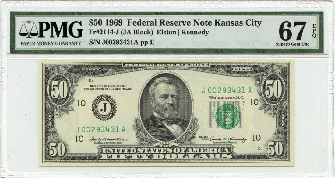 1969 $50 Federal Reserve Note Kansas City PMG Gem67 EPQ: 1969 $50 Federal Reserve Note Kansas City PMG Gem67 EPQ This 1969 $50 Federal Reserve Note from the Kansas City district is a remarkable collectible for currency enthusiasts. Certified by PMG with a g