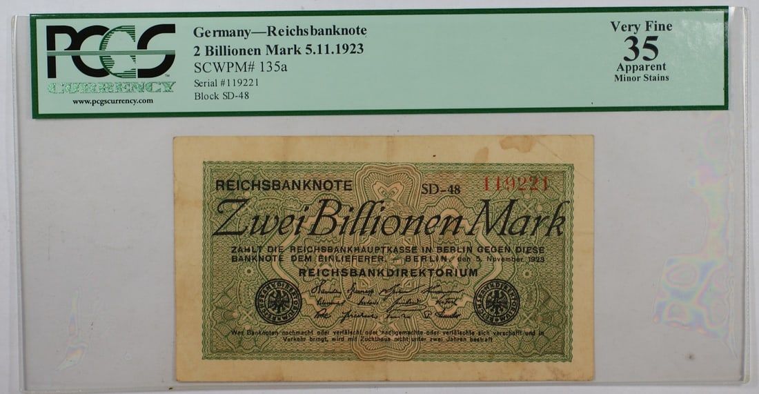 PCGS VF-35 1923 Germany 2 Zwei Billionen Mark Reichsbanknote: PCGS VF-35 1923 Germany 2 Zwei Billionen Mark Reichsbanknote This is a 1923 Germany 2 Zwei Billionen Mark Reichsbanknote graded VF-35 Very Fine by PCGS. Issued during the period of hyperinflation in t
