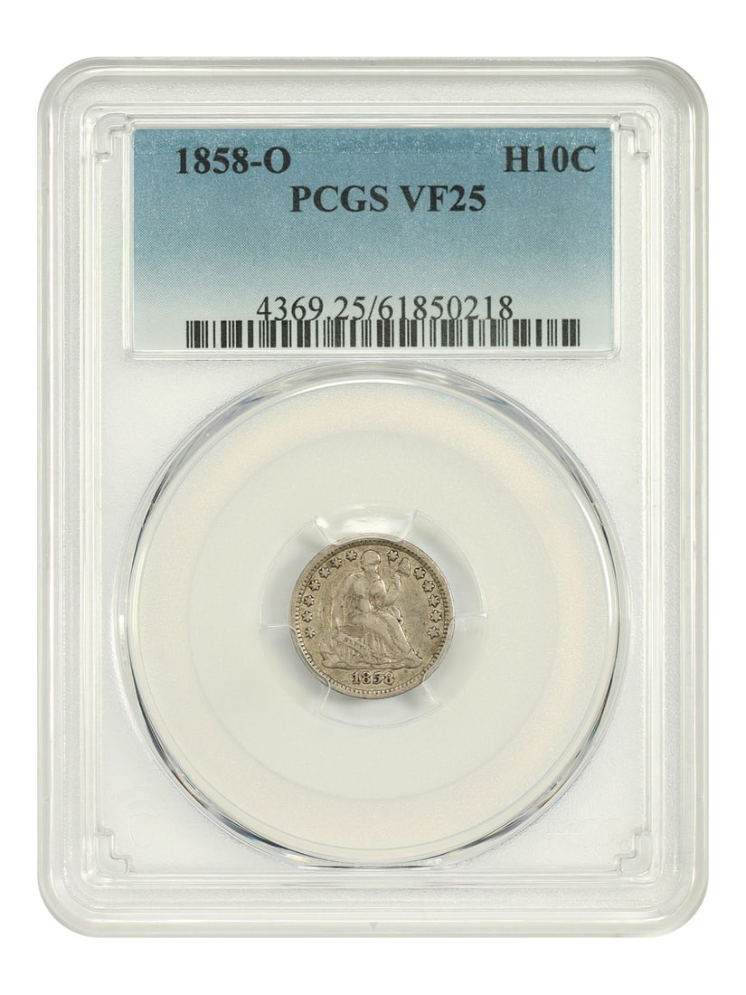 1858 New Orleans Liberty Seated Half Dime H10C PCGS VF25: 1858 New Orleans Liberty Seated Half Dime H10C PCGS VF25 1858-O Liberty Seated Half Dime in circulated condition, certified by PCGS and graded VF25. The coin is a pre-owned example from the New Orlean