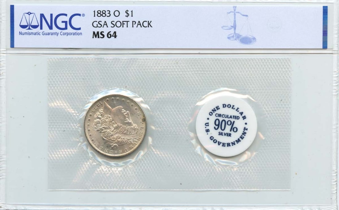 1883-O Morgan Silver Dollar NGC MS64 GSA Soft Pack Uncirculated: 1883-O Morgan Silver Dollar NGC MS64 GSA Soft Pack Uncirculated This is an 1883-O Morgan Dollar presented in a GSA soft pack and graded MS64 by NGC. The coin is uncirculated and was minted in New Orle