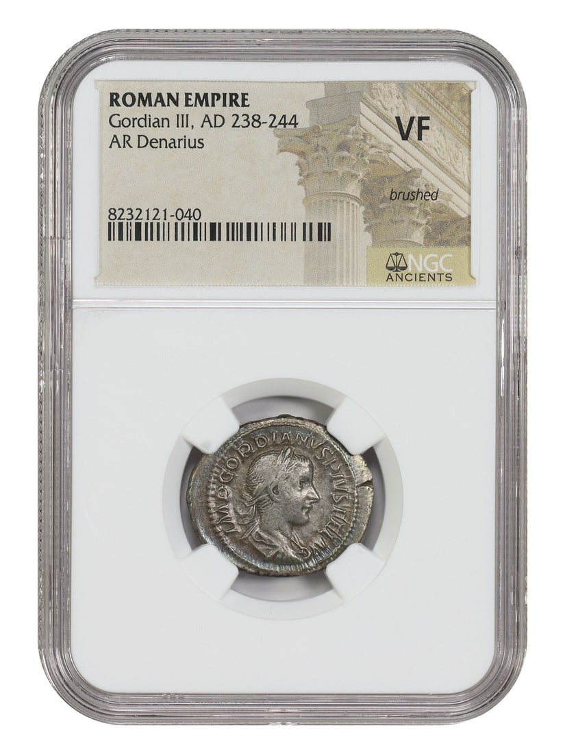 Gordian III Ancient Roman AR Denarius NGC VF Brushed: Gordian III Ancient Roman AR Denarius NGC VF Brushed Ancient Roman AR denarius of Gordian III (AD 238-244), certified NGC VF and noted as brushed. This pre-owned coin is presented as a tangible piece 