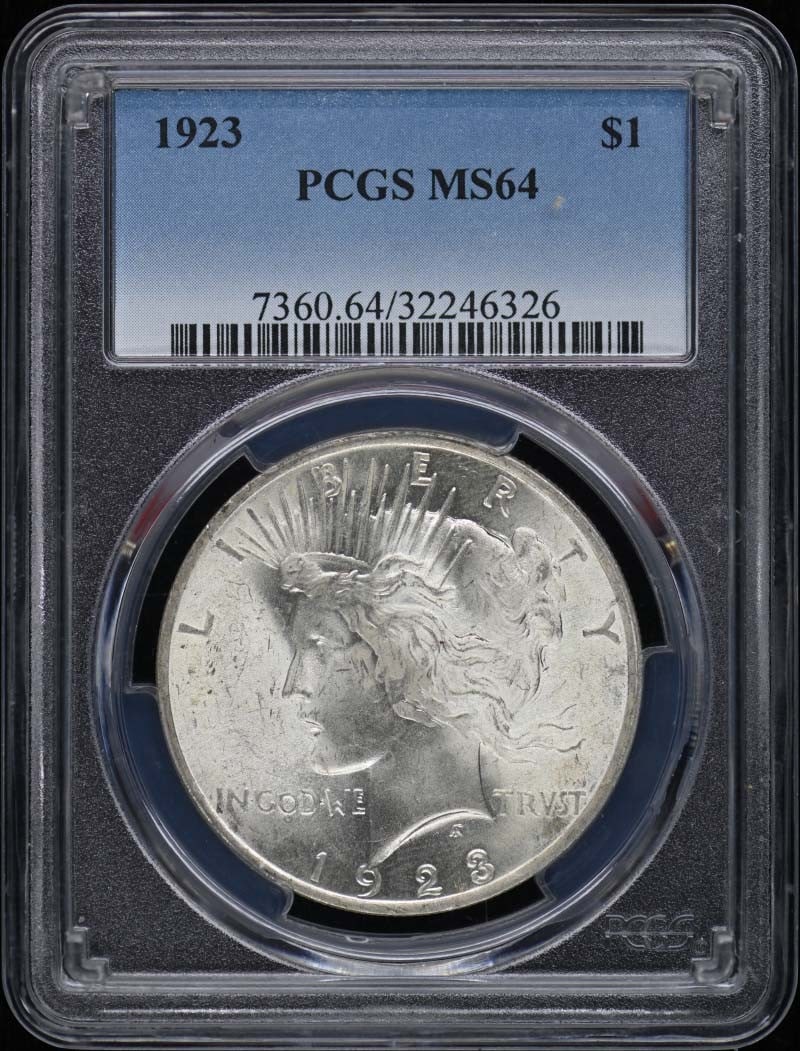 PCGS MS64 1923 Philadelphia Peace Dollar: PCGS MS64 1923 Philadelphia Peace Dollar This is a 1923 Peace Dollar graded MS64 by PCGS. The coin is uncirculated and originates from the Philadelphia Mint. It is a pre-owned item from the United Sta