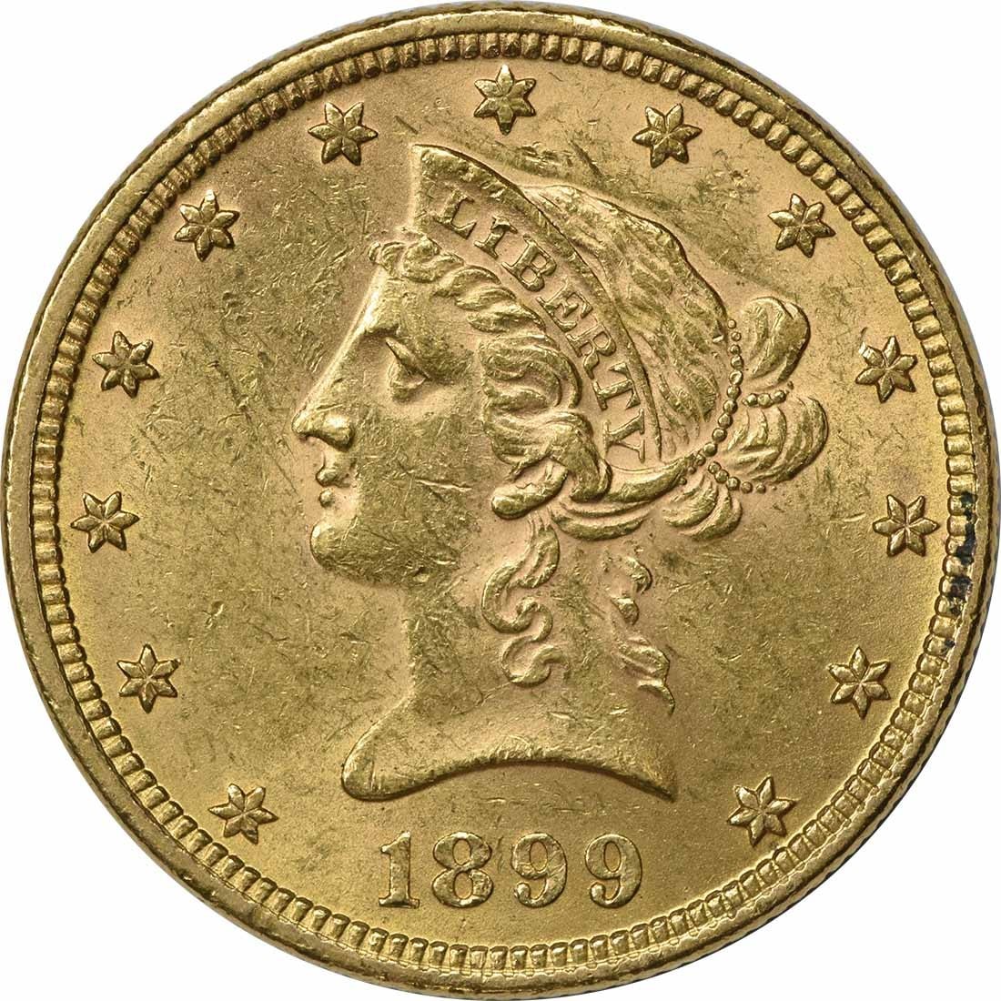 1899 $10 Gold Liberty Head Coin AU Uncertified Philadelphia Mint: 1899 $10 Gold Liberty Head Coin AU Uncertified Philadelphia Mint This stunning 1899 $10 Gold Liberty Head coin features a beautiful design by Christian Gobrecht and is in AU condition, showcasing its 