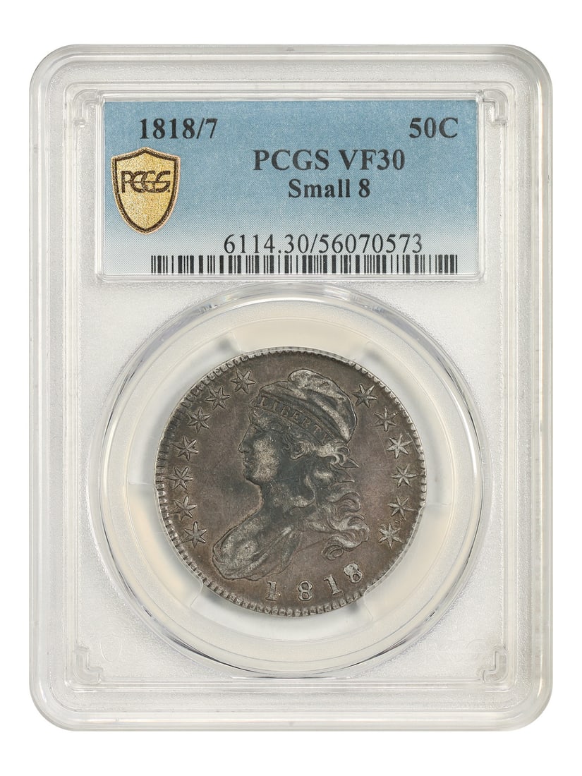PCGS VF30 1818 50C Capped Bust Half Dollar Small 8: PCGS VF30 1818 50C Capped Bust Half Dollar Small 8 This 1818/7 Capped Bust Half Dollar is a circulated Philadelphia issue certified by PCGS and graded VF30. The coin is identified as the Small 8 varie