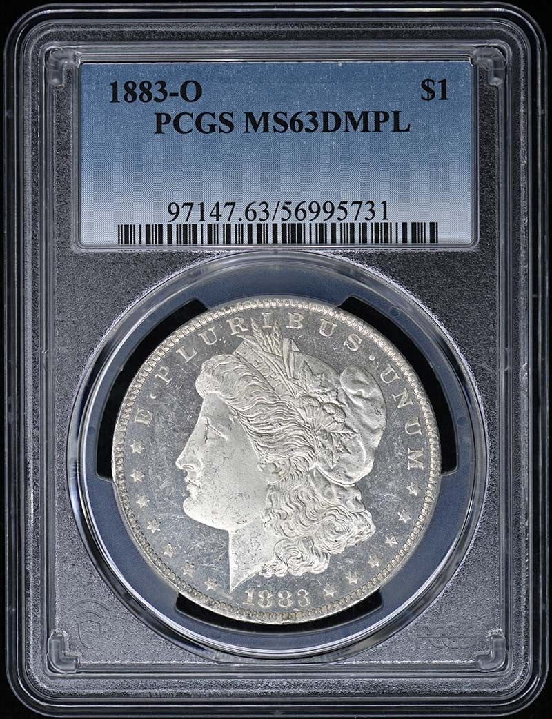 PCGS MS63 DMPL 1883 O Morgan Silver Dollar: PCGS MS63 DMPL 1883 O Morgan Silver Dollar This is an 1883-O Morgan Dollar graded MS63DMPL by PCGS. The coin is uncirculated and features the Deep Mirror Prooflike (DMPL) designation. Minted in New Or