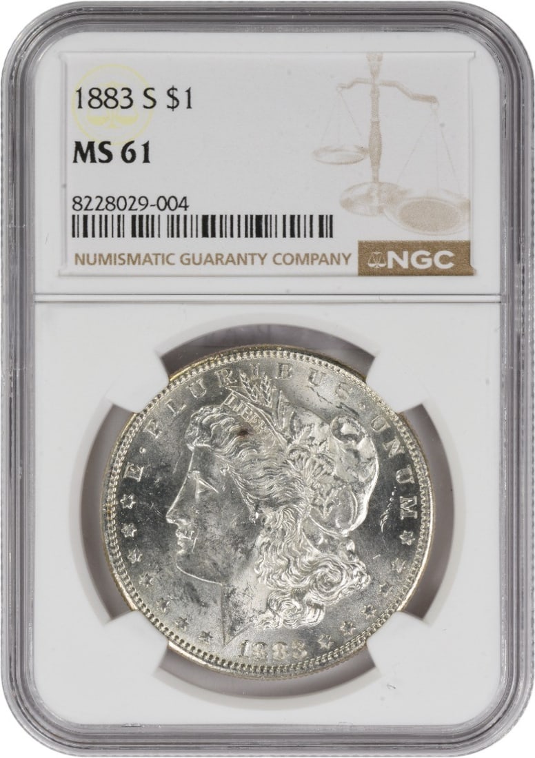 NGC MS61 1883 San Francisco Morgan Dollar 90 Percent Silver Coin: NGC MS61 1883 San Francisco Morgan Dollar 90 Percent Silver Coin This 1883-S Morgan Silver Dollar is certified MS61 by NGC and was minted in San Francisco. It features a composition of 90% silver and 