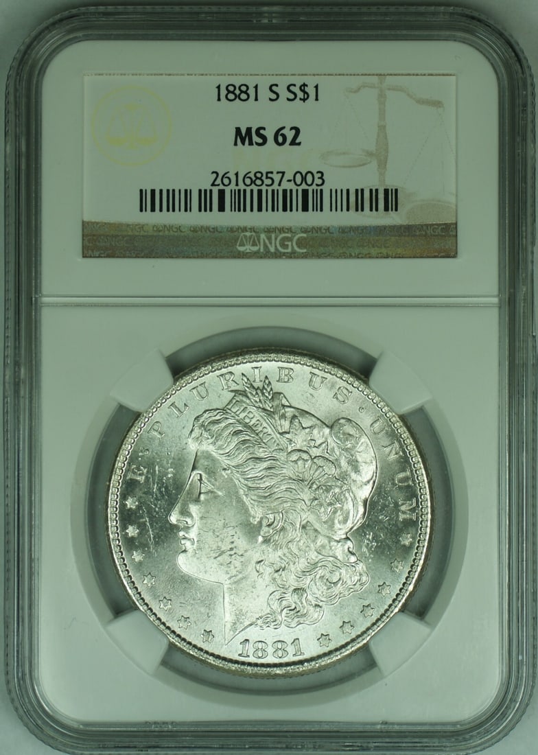 NGC MS 62+ 1881-S Morgan Silver Dollar United States Coin: NGC MS 62+ 1881-S Morgan Silver Dollar United States Coin This 1881-S Morgan Silver Dollar features a composition of silver and is certified by NGC with a grade of MS 62+. The coin remains uncirculate