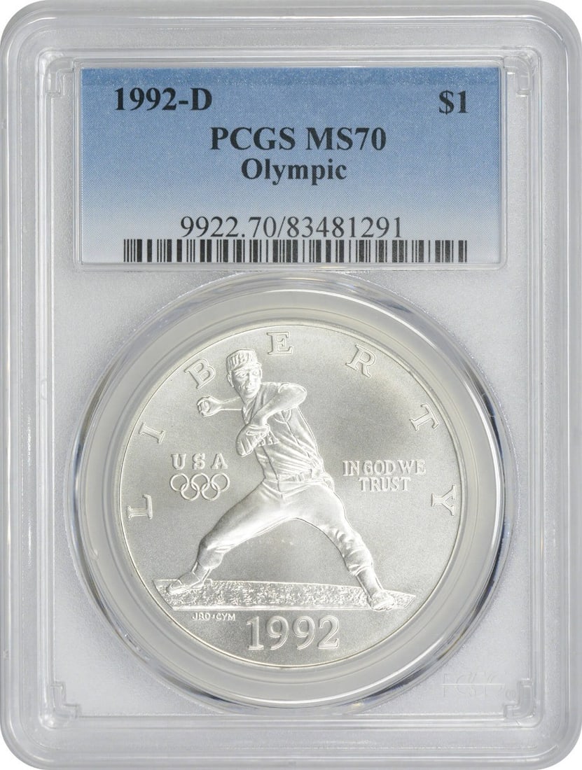 PCGS MS70 1992 Denver Olympic Silver Dollar: PCGS MS70 1992 Denver Olympic Silver Dollar This 1992-D Olympic Silver Commemorative Dollar is an uncirculated coin graded MS70 by PCGS. Struck at the Denver Mint, it is composed of 90% silver and 10%
