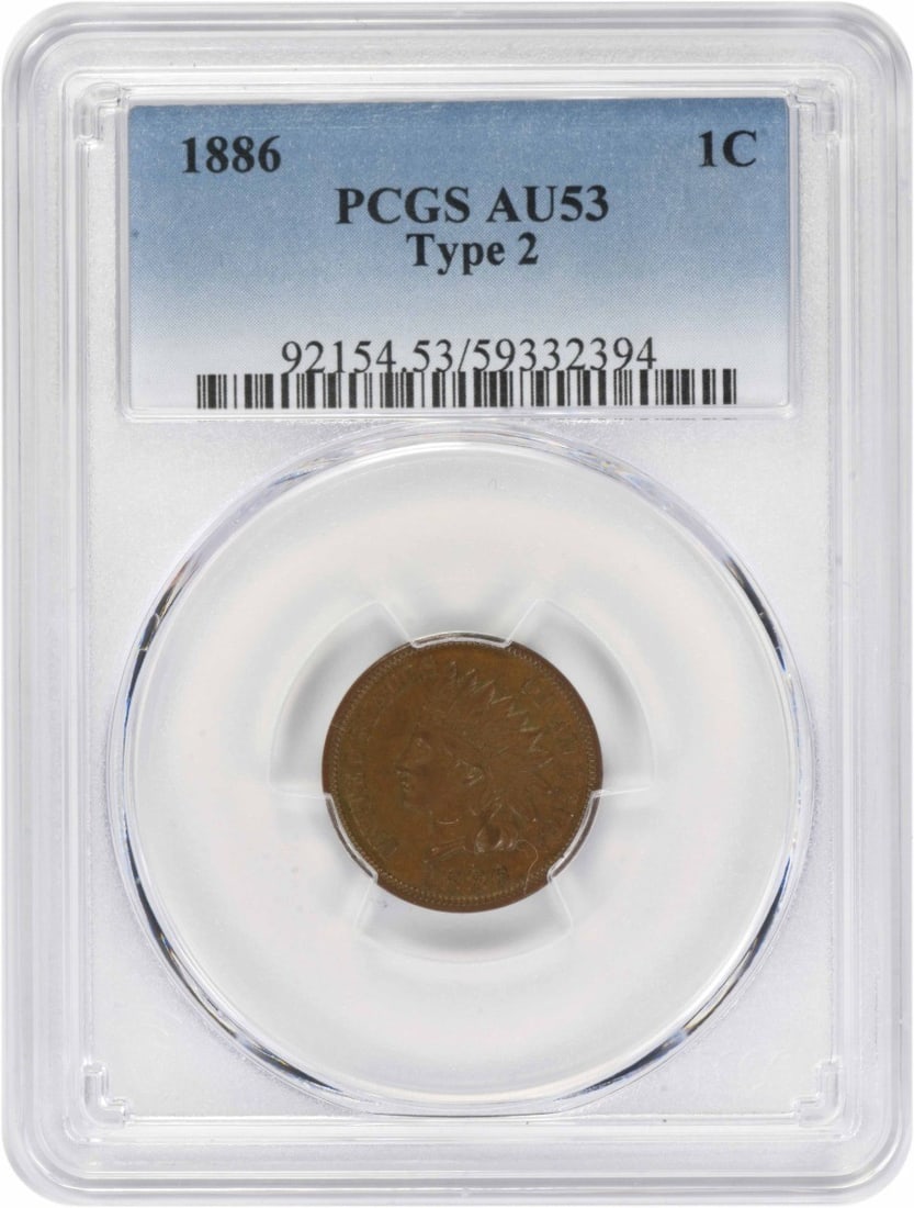 PCGS AU53 1886 Indian Head Small Cent Variety 2: PCGS AU53 1886 Indian Head Small Cent Variety 2 1886 Indian Head cent variety 2, graded AU53 by PCGS. This circulated U.S. small cent is made of copper and is identified as KM 90a. The coin is pre-own