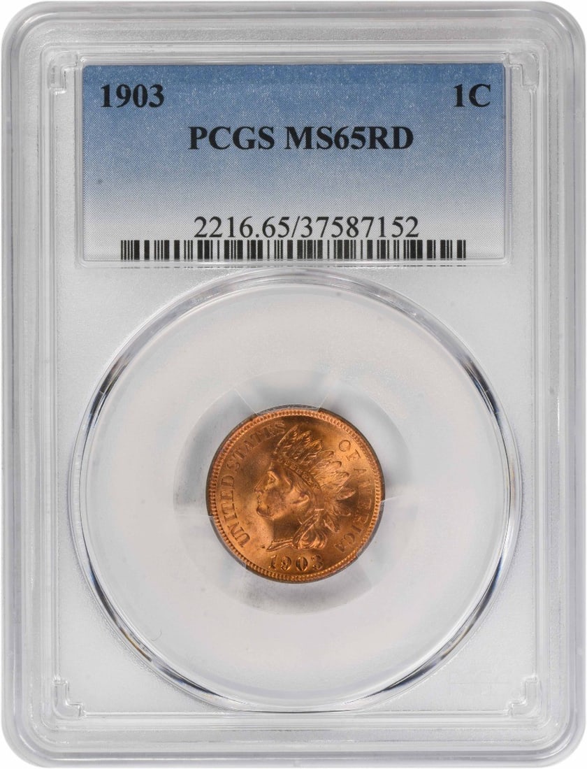 United States 1903 Indian Head Cent MS65 Red Certified by PCGS: United States 1903 Indian Head Cent MS65 Red Certified by PCGS This 1903 Indian Head Cent is graded MS65 Red by PCGS. Composed of copper, this uncirculated small cent features no mint mark and is a pr