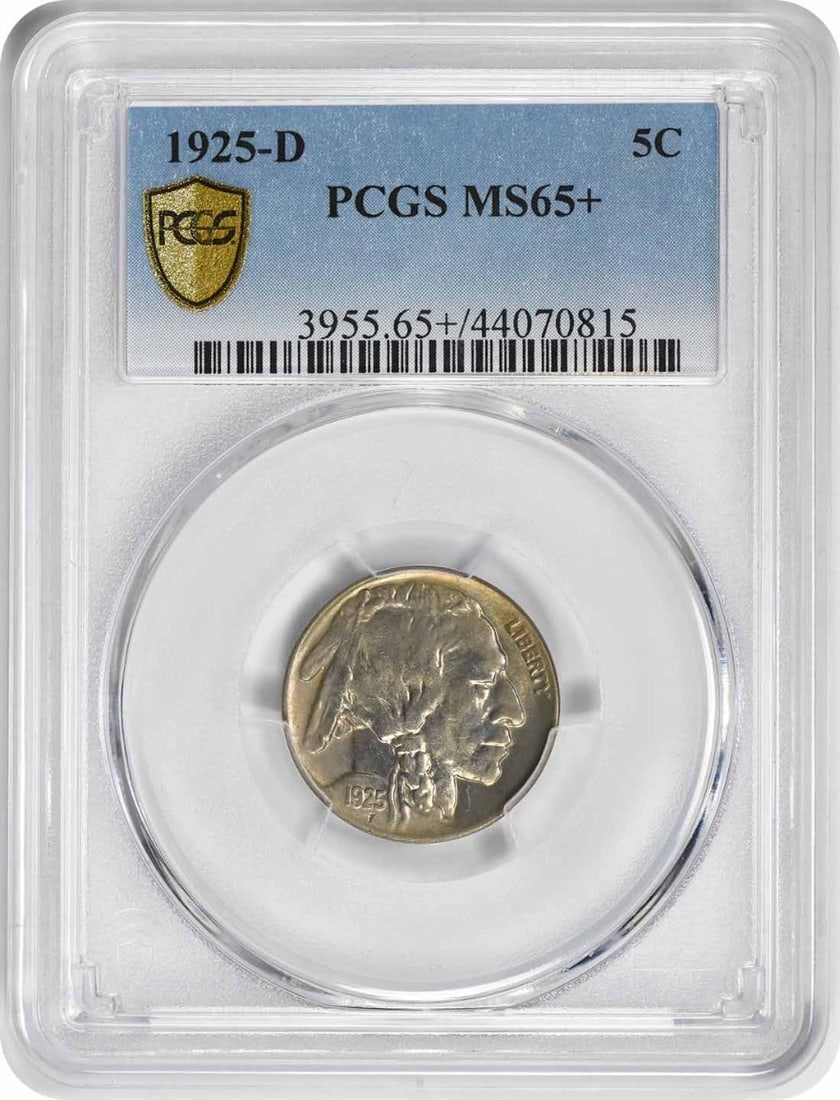 PCGS MS65+ 1925-D Buffalo 5C Nickel: PCGS MS65+ 1925-D Buffalo 5C Nickel This 1925-D Buffalo Nickel is graded MS65+ by PCGS, indicating a high-quality, uncirculated coin. Struck at the Denver Mint, it features the classic Buffalo design 
