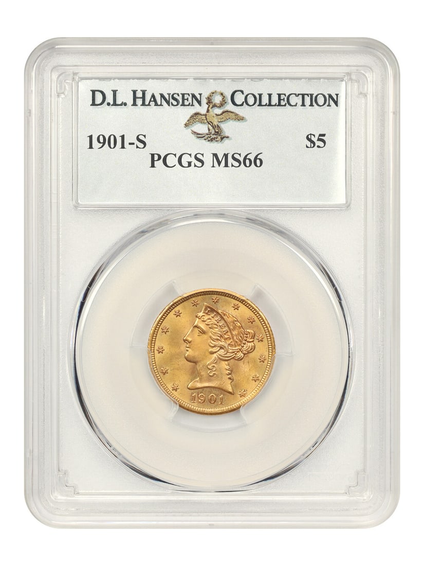 1901-S $5 Liberty Head Coin PCGS MS66 Uncirculated: 1901-S $5 Liberty Head Coin PCGS MS66 Uncirculated This exceptional 1901-S $5 Liberty Head Gold Coin is graded MS66 by PCGS, indicating an uncirculated condition with remarkable quality. Minted in San