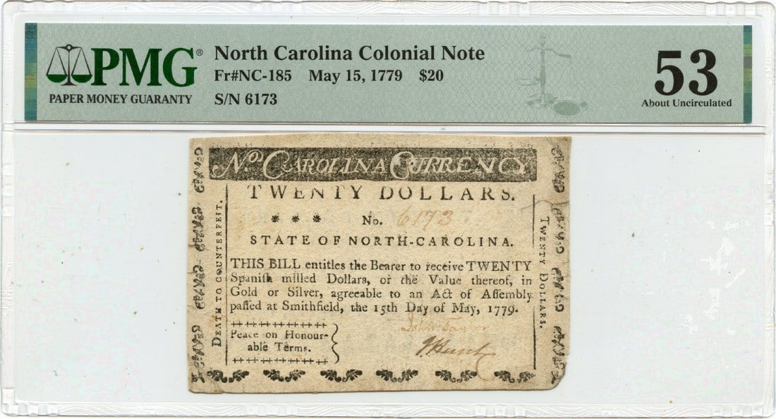 1779 North Carolina $20 Colonial Note PMG AU53 Finest Known: 1779 North Carolina $20 Colonial Note PMG AU53 Finest Known This 1779 May 15 $20 North Carolina Colonial note is a remarkable piece of history, certified by PMG with a grade of AU53, recognized as the