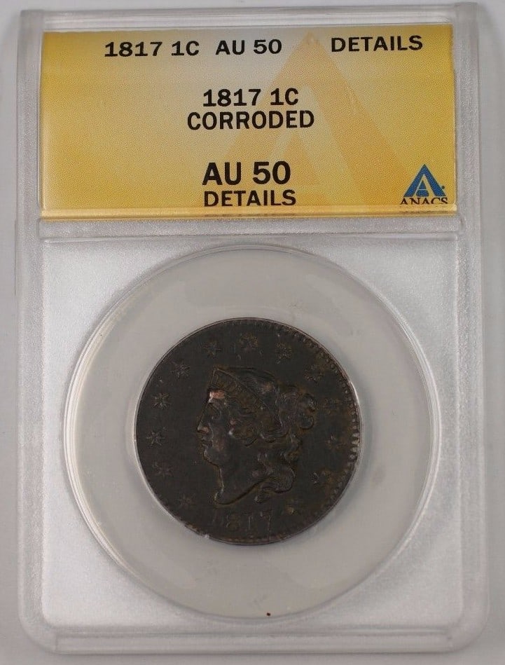 ANACS AU 50 Details 1817 Coronet Head Large Cent Copper: ANACS AU 50 Details 1817 Coronet Head Large Cent Copper This is an 1817 US Coronet Head Large Cent, graded by ANACS as AU 50 Details. The coin is composed of copper and originates from the Philadelphi