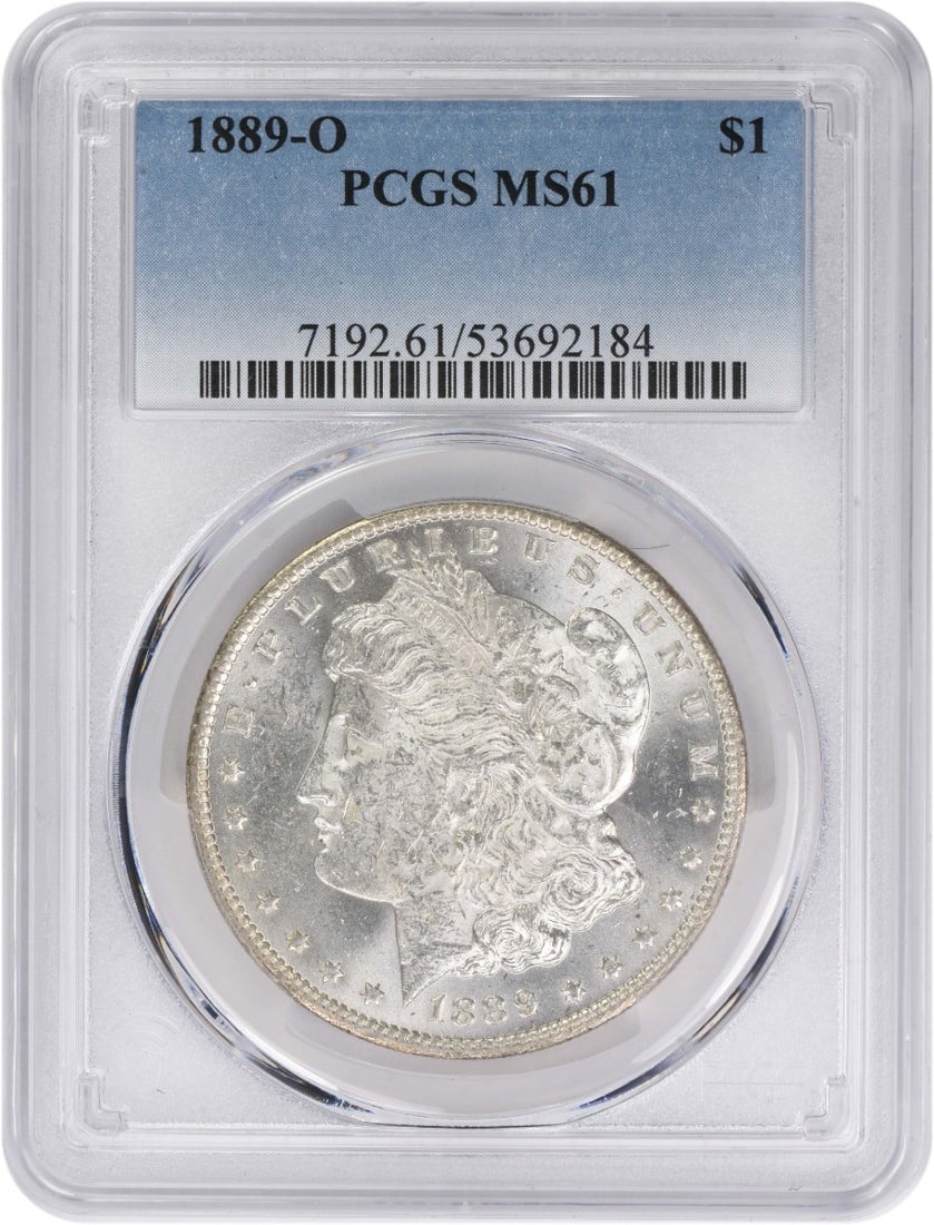 MS61 Graded 1889 O Morgan Dollar Certified by PCGS: MS61 Graded 1889 O Morgan Dollar Certified by PCGS This 1889-O Morgan Silver Dollar is certified MS61 by PCGS. Minted in New Orleans, it is composed of 90% silver and 10% copper. Designed by George T.