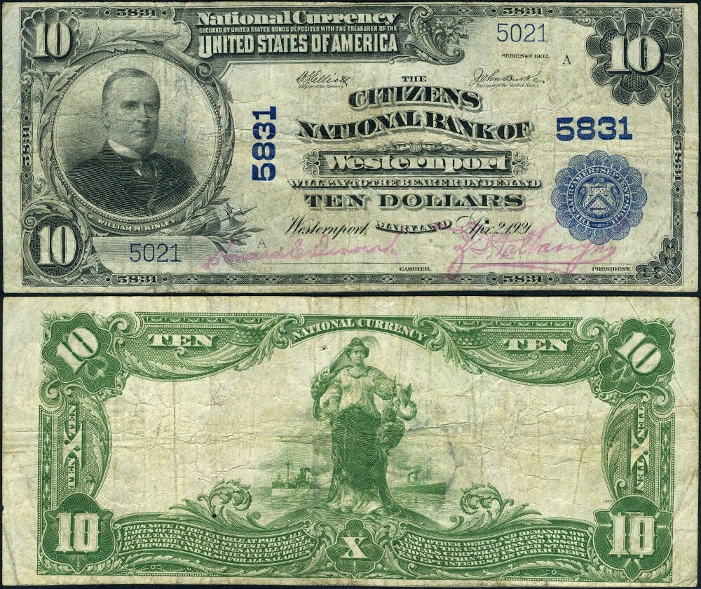 $10 1902 PB Westernport Maryland National Bank Note Citizens NB (1 of 3)