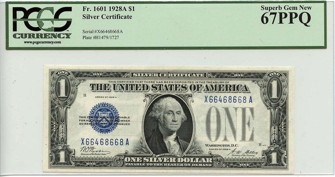 1928A $1 Silver Certificate Blue Woods Mellon PCGS GEM 67 PPQ: 1928A $1 Silver Certificate Blue Woods Mellon PCGS GEM 67 PPQ This 1928A $1 Silver Certificate features the iconic Blue Woods Mellon design. Graded as PCGS SUPERB GEM 67 PPQ, it is in uncirculated con