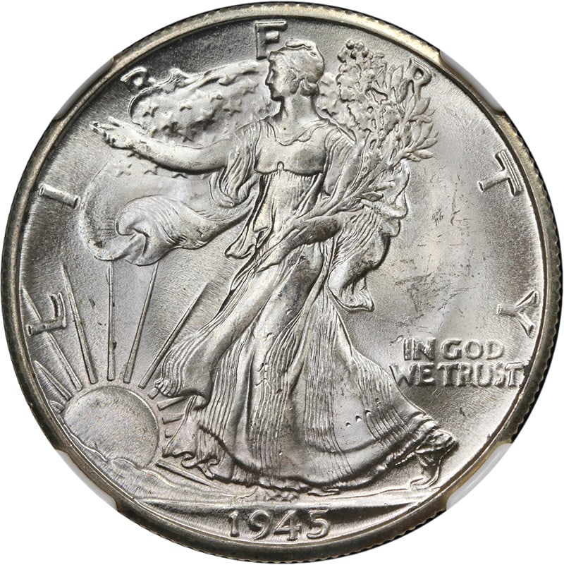 NGC MS65 1945-D Walking Liberty Half Dollar Silver: NGC MS65 1945-D Walking Liberty Half Dollar Silver This 1945-D Walking Liberty Half Dollar has been graded MS65 by NGC. The coin displays strong strike, fantastic luster, and superb surfaces, offering