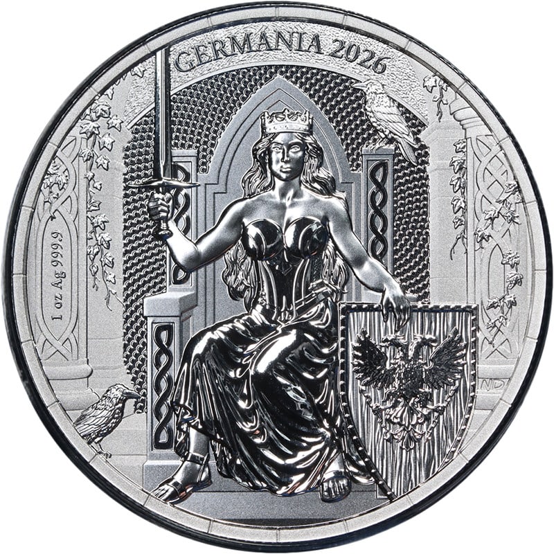 2026 Germania 1 oz Silver 5 Mark Coin BU OGP: 2026 Germania 1 oz Silver 5 Mark Coin BU OGP This 2026 Germania 1 Ounce Silver 5 Mark Lady Germania coin is struck in .999 fine silver and features brilliant uncirculated quality. The coin offers exce