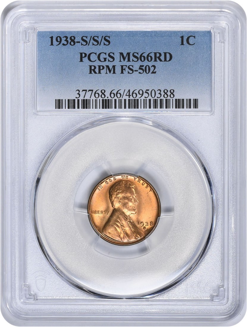 PCGS MS66RD 1938-S S Lincoln Wheat Cent RPM FS-502: PCGS MS66RD 1938-S S Lincoln Wheat Cent RPM FS-502 This 1938 Lincoln Wheat Cent features the S/S repunched mintmark variety (RPM FS-502) and is graded MS66RD by PCGS. Composed of 95% copper with 5% ti