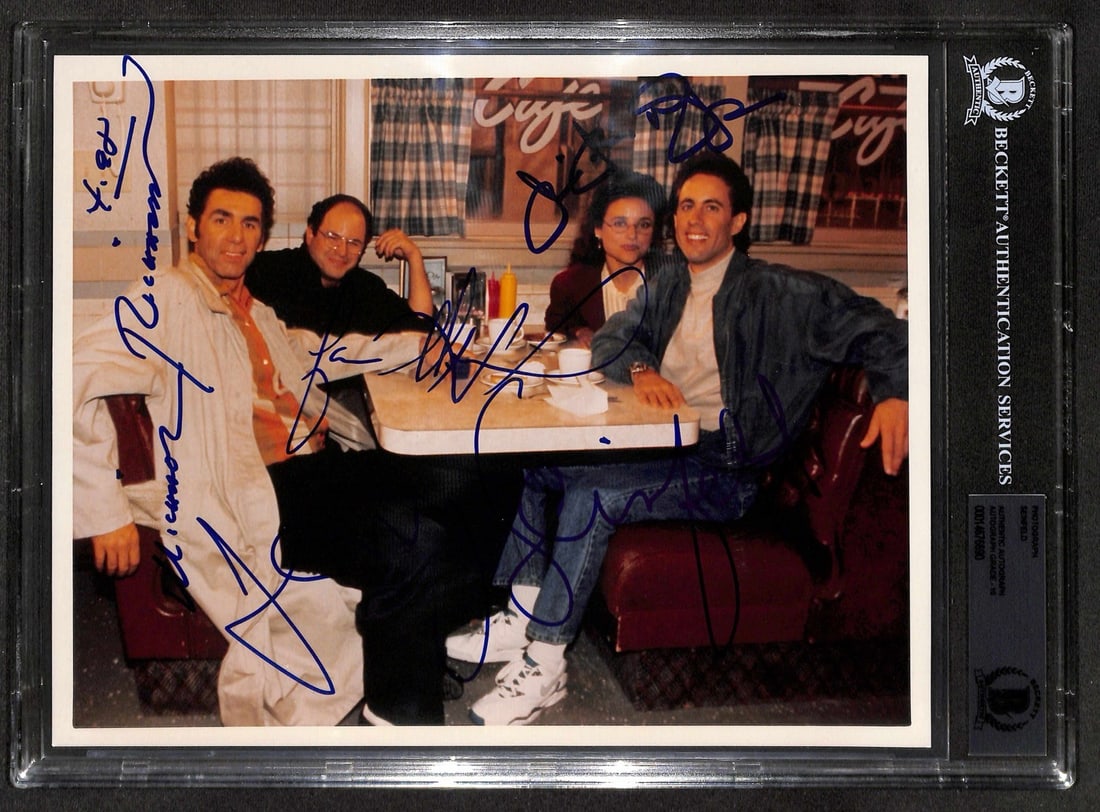 Seinfeld Cast Signed 8x10 Photo Beckett Authenticated Auto 10: Seinfeld Cast Signed 8x10 Photo Beckett Authenticated Auto 10 This stunning 8x10 color photograph captures the iconic main cast of Seinfeld -- Jerry Seinfeld, Julia Louis-Dreyfus, Jason Alexander, and