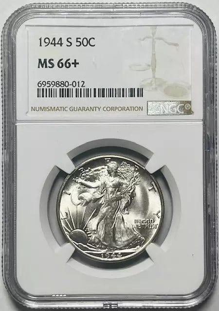 NGC MS-66 1944-S Walking Liberty Half Dollar Silver: NGC MS-66 1944-S Walking Liberty Half Dollar Silver This is a 1944 Walking Liberty Half Dollar graded MS-66+ by NGC. Struck in San Francisco, this uncirculated coin features a silver composition and h