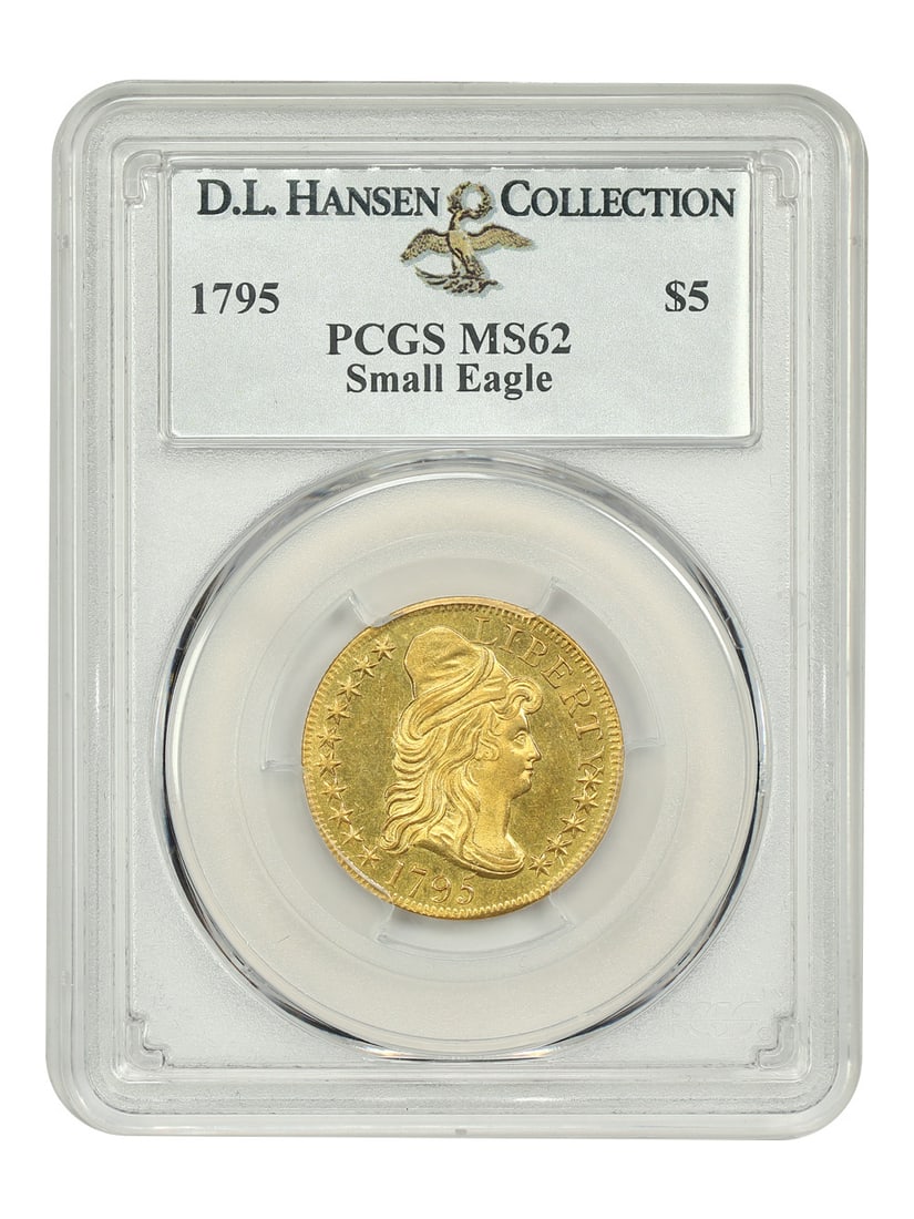 1795 $5 PCGS MS62 Draped Bust Small Eagle Gold Coin: 1795 $5 PCGS MS62 Draped Bust Small Eagle Gold Coin Presenting the 1795 $5 PCGS MS62 (Small Eagle) Draped Bust Gold Coin, a remarkable numismatic rarity sought after by collectors. This exquisite unci