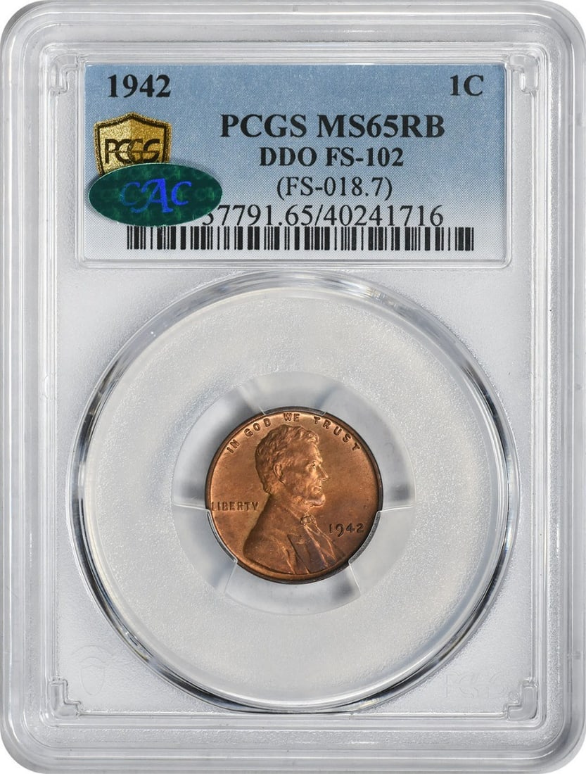 1942 Lincoln Wheat Cent DDO FS-102 PCGS CAC MS65RB: 1942 Lincoln Wheat Cent DDO FS-102 PCGS CAC MS65RB This is a 1942 Lincoln Wheat Cent featuring the DDO FS-102 variety. Graded MS65RB by PCGS and certified by CAC, this uncirculated coin was minted in 