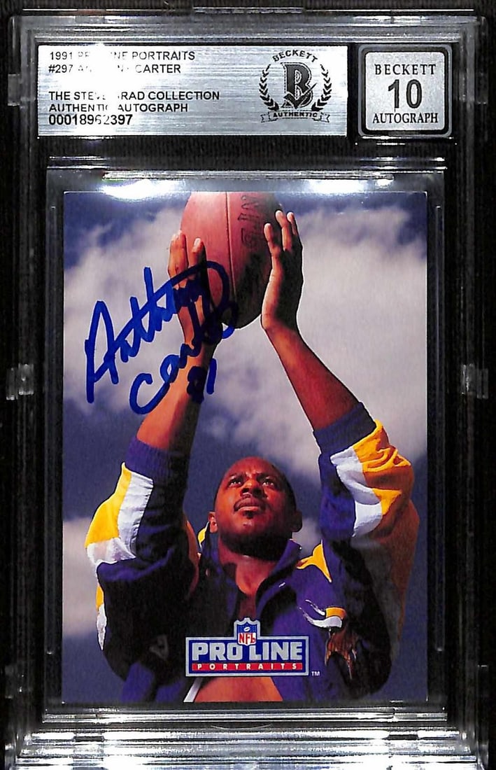 Beckett 10 Anthony Carter autographed 1991 Pro Line Portraits card: Beckett 10 Anthony Carter autographed 1991 Pro Line Portraits card This 1991 Pro Line Portraits football trading card features the hand-signed autograph of Anthony Carter, renowned wide receiver. The 