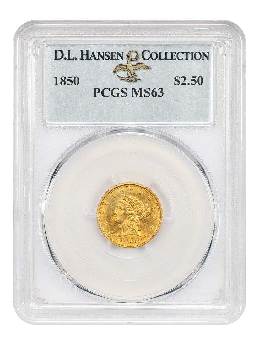 1850 Liberty Head Quarter Eagle $2.50 PCGS MS63 ex D.L. Hansen: 1850 Liberty Head Quarter Eagle $2.50 PCGS MS63 ex D.L. Hansen 1850 Liberty Head $2.50 coin certified by PCGS as MS63. This Philadelphia-minted uncirculated example comes from a relatively low mintage