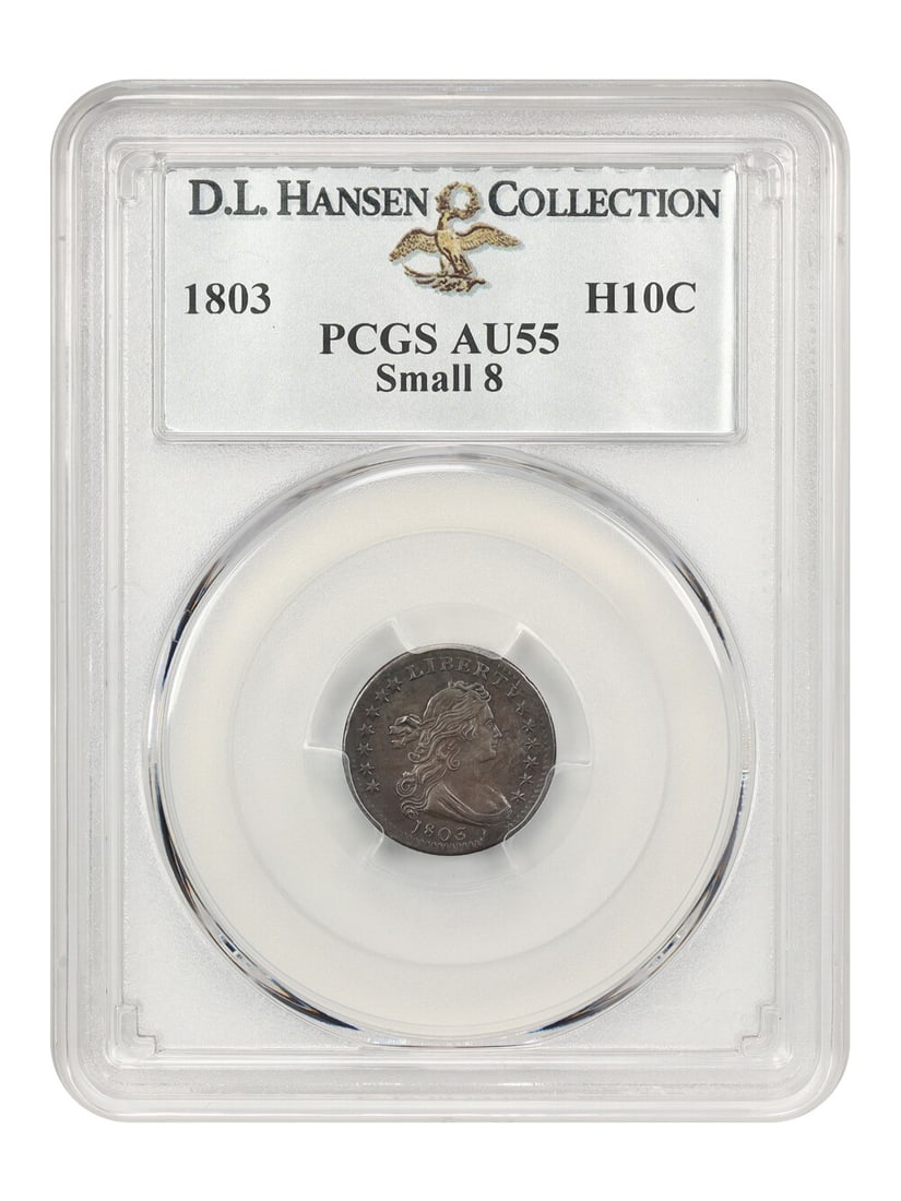 1803 Draped Bust Half Dime H10C PCGS AU55 LM-1 Small 8: 1803 Draped Bust Half Dime H10C PCGS AU55 LM-1 Small 8 This stunning 1803 Draped Bust Half Dime, certified by PCGS with a grade of AU55, is a remarkable piece for collectors. Featuring the LM-1 variet