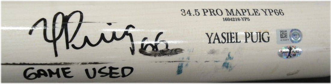 Yasiel Puig Game Used Baseball Bat Dodgers with Athlete Hologram: Yasiel Puig Game Used Baseball Bat Dodgers with Athlete Hologram This is an official Major League game-used baseball bat from Yasiel Puig, featuring his signature authenticated by an athlete hologram.