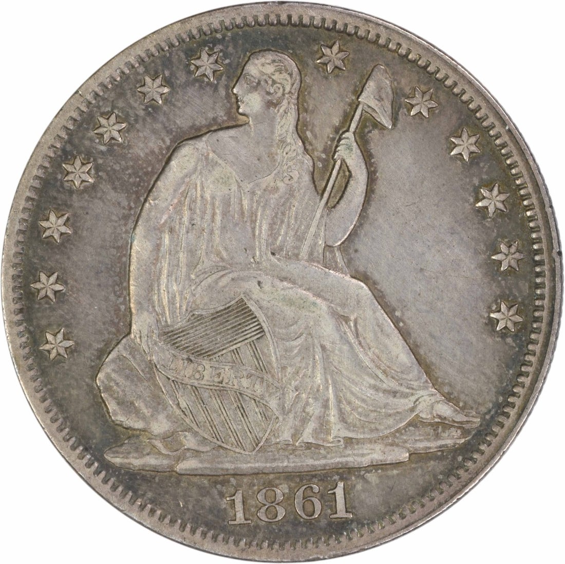 1861 Seated Liberty Half Dollar EF Grade Uncertified 90 Silver: 1861 Seated Liberty Half Dollar EF Grade Uncertified 90 Silver This 1861 Liberty Seated Half Dollar is a circulated coin struck at the Philadelphia Mint. Featuring the design by Thomas Sully and Chris