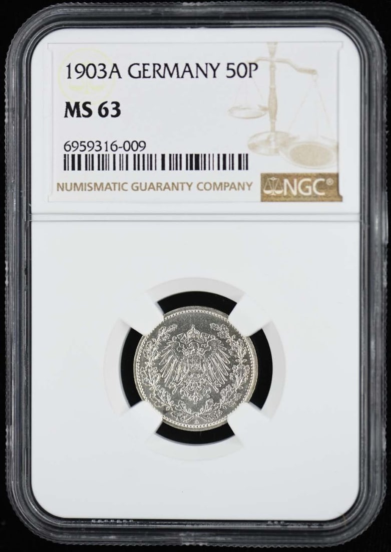 1903 Germany 50 Pfennig Coin NGC MS63 Certified Uncirculated: 1903 Germany 50 Pfennig Coin NGC MS63 Certified Uncirculated This 1903A Germany 50 Pfennig coin is certified by NGC with a grade of MS63, indicating it is in uncirculated condition. The coin showcases