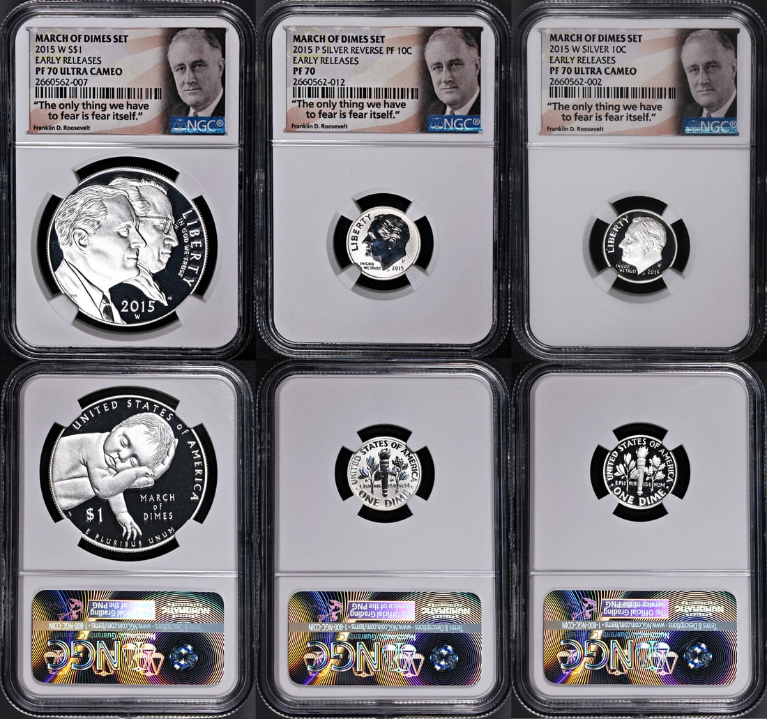 2015 March of Dimes 3 Coin Set NGC PF70 Roosevelt Label: 2015 March of Dimes 3 Coin Set NGC PF70 Roosevelt Label This 2015 March of Dimes 3 Coin Set features a perfect grade of PF70 by NGC, ensuring exceptional quality and eye appeal. The coins are uncircul