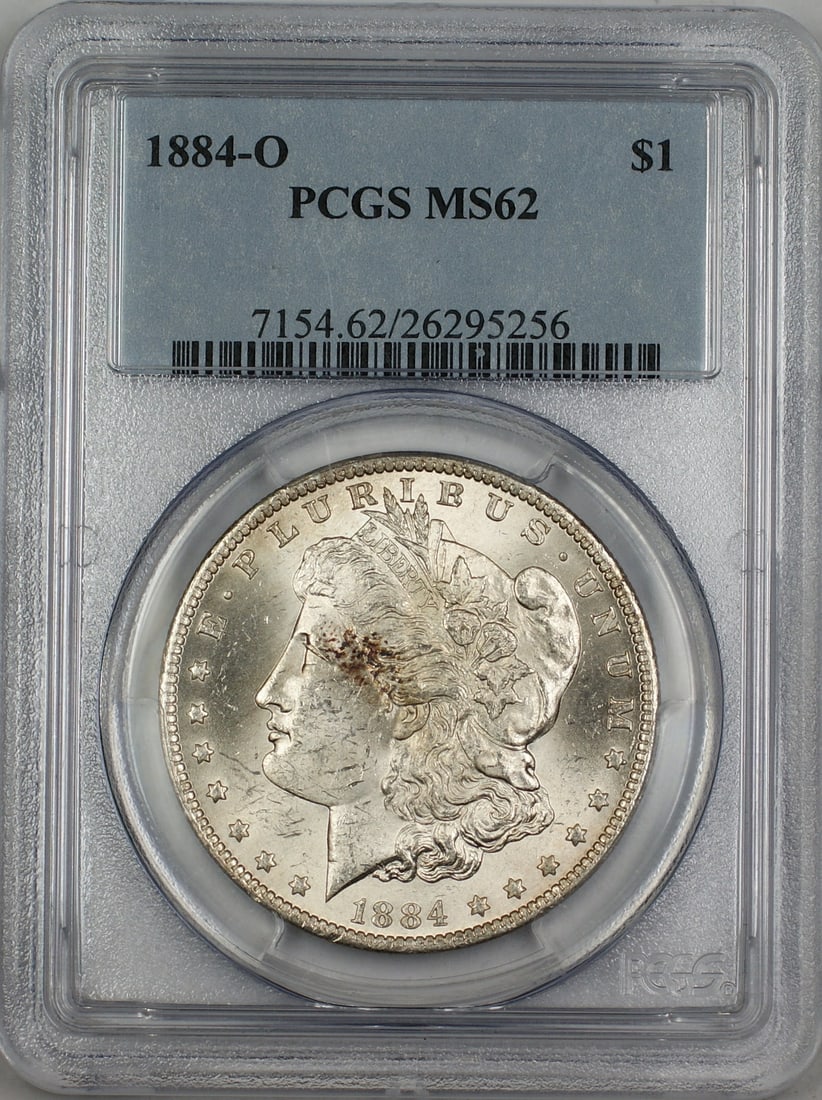 PCGS MS-62 1884-O Silver Morgan Dollar Coin from New Orleans Mint: PCGS MS-62 1884-O Silver Morgan Dollar Coin from New Orleans Mint This 1884-O Morgan Silver Dollar is a $1 coin from the United States, minted in New Orleans. Certified by PCGS with a grade of MS 62, 