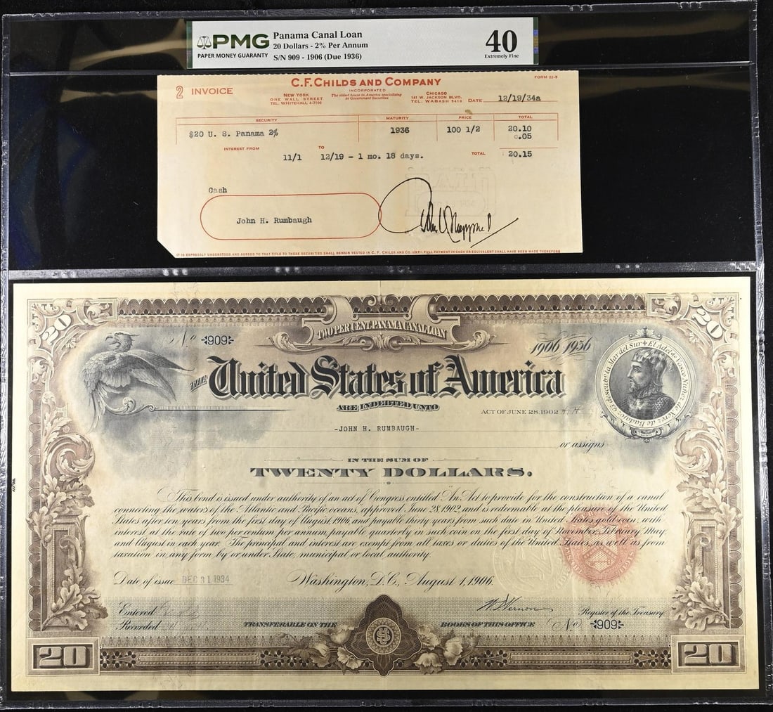 PMG XF40 Panama Canal 1906 $20 Loan Bond 2 Percent Due 1936 (1 of 2)