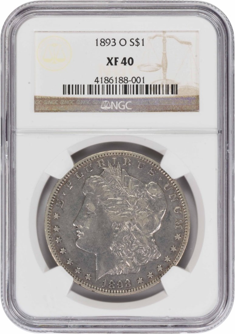 NGC EF40 1893 O Morgan Dollar: NGC EF40 1893 O Morgan Dollar This 1893-O Morgan Silver Dollar is graded EF40 by NGC and features a composition of 90% silver and 10% copper. Minted in New Orleans, this circulated coin was designed b