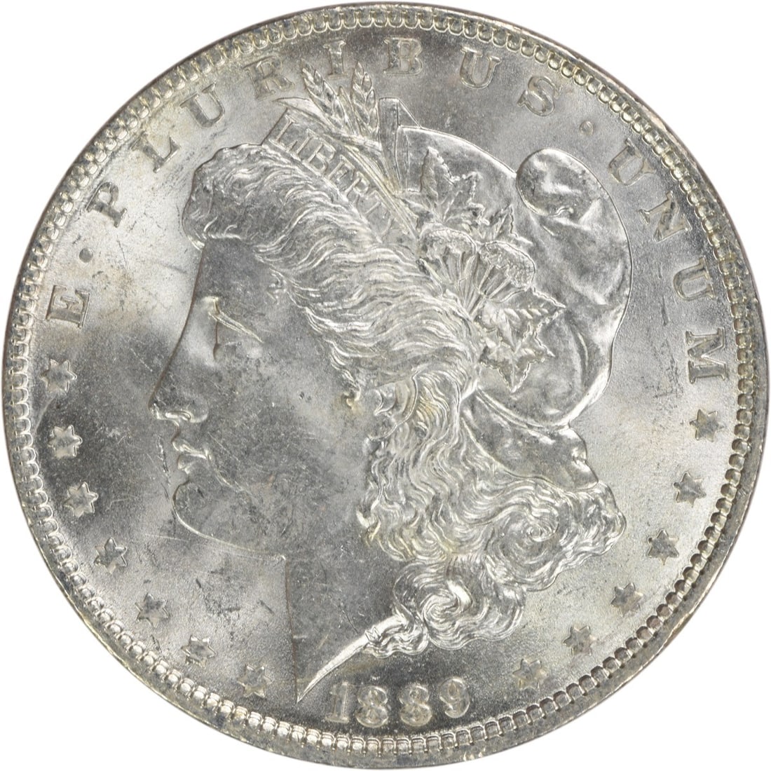 Brilliant Uncirculated 1889 Silver Dollar Morgan Uncertified No Mint Mark: Brilliant Uncirculated 1889 Silver Dollar Morgan Uncertified No Mint Mark This 1889 Morgan Silver Dollar is an uncirculated coin with a brilliant uncirculated (BU) grade. It is composed of silver and 