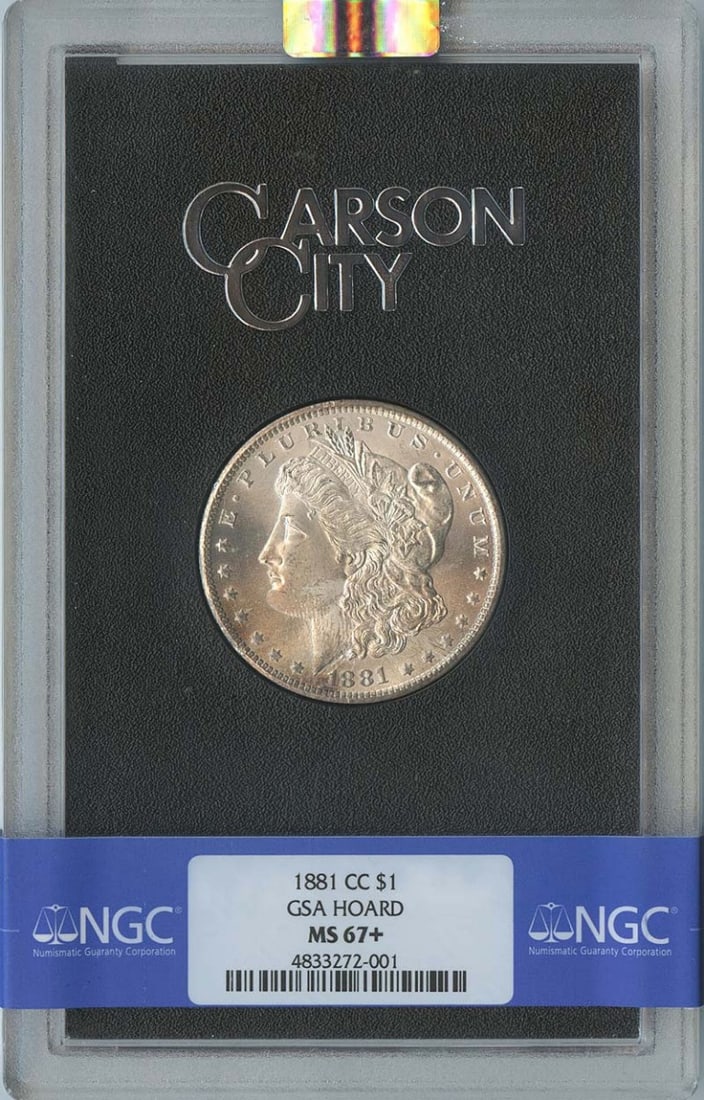 NGC MS67 Plus 1881 Carson City Morgan Silver Dollar GSA Hoard: NGC MS67 Plus 1881 Carson City Morgan Silver Dollar GSA Hoard This 1881-CC Morgan Dollar is part of the GSA Hoard and has been certified by NGC with an MS67+ grade. Struck at the Carson City Mint, thi