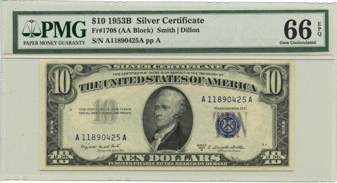 PMG GEM 66 EPQ 1953B $10 Silver Certificate Blue Seal Smith Dillon Fr 1708: PMG GEM 66 EPQ 1953B $10 Silver Certificate Blue Seal Smith Dillon Fr 1708 This is a 1953B $10 Silver Certificate with a blue seal, graded GEM 66 EPQ by PMG. The note is uncirculated and features sign