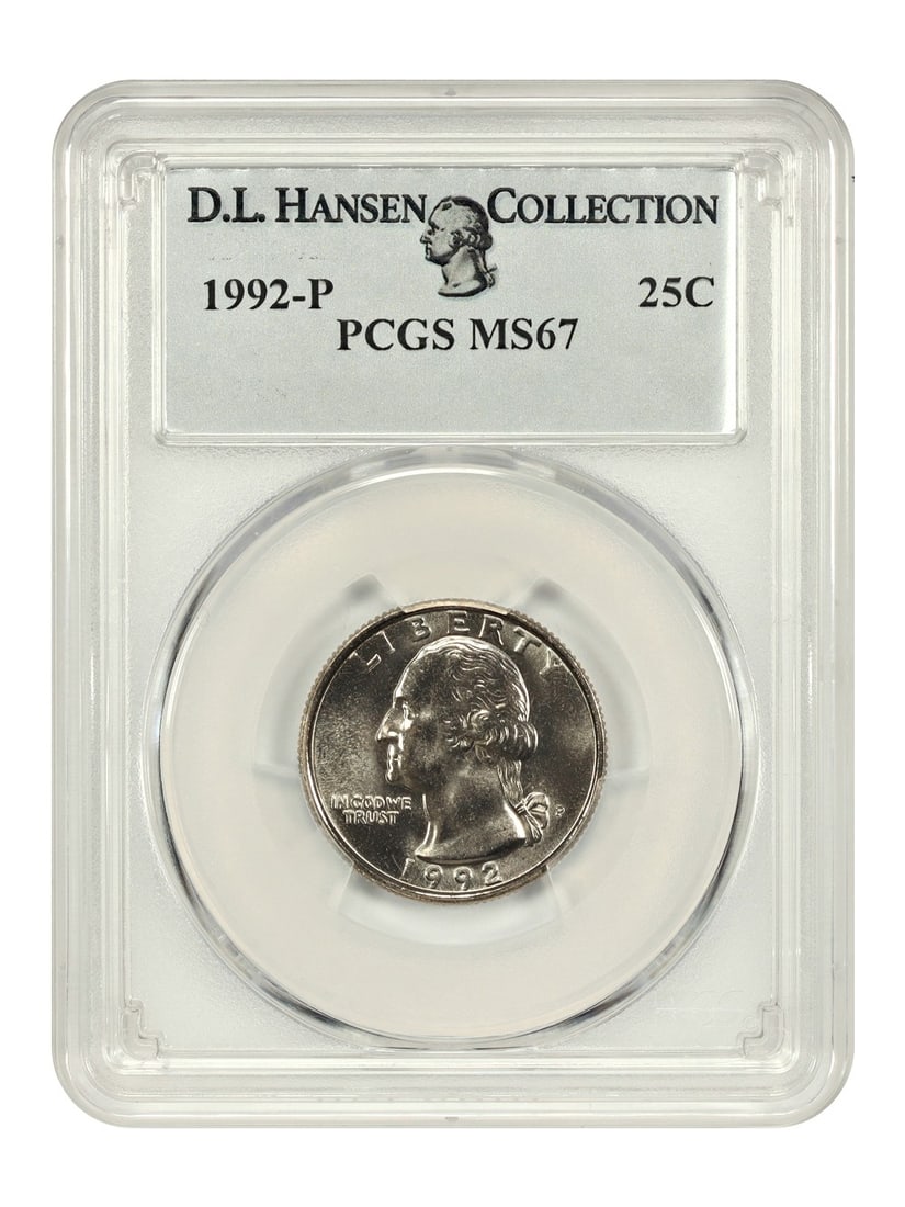 PCGS MS67 1992-P Washington Quarter 25C ex D.L. Hansen: PCGS MS67 1992-P Washington Quarter 25C ex D.L. Hansen 1992-P Washington Quarter certified by PCGS and graded MS67. The coin is ex: D.L. Hansen and is noted as having less than 10 finer, with PCGS hav