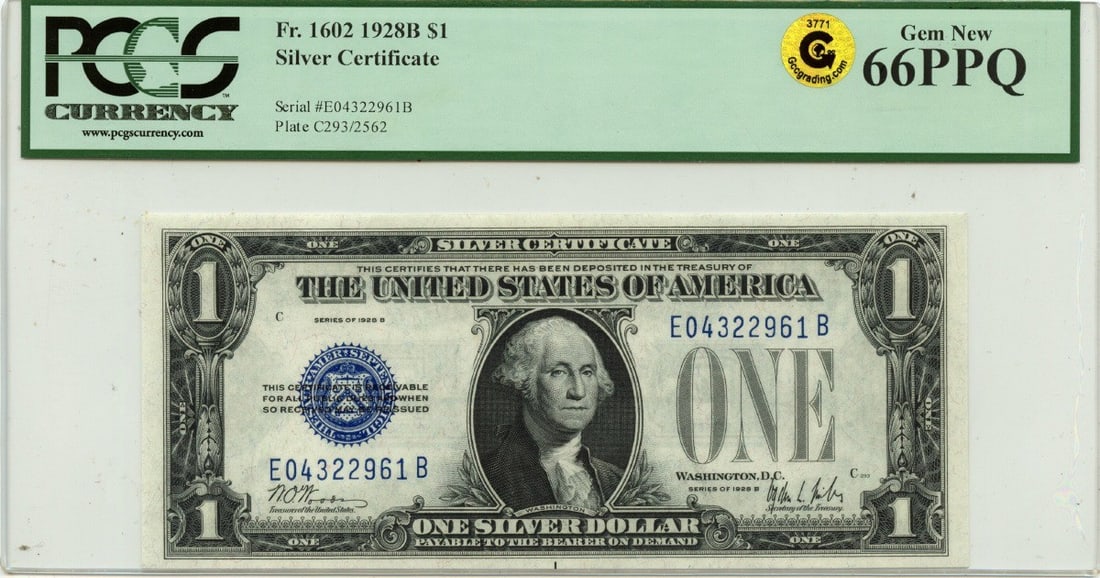 1928B $1 Silver Certificate Fr#1602 PCGS GEM 66 PPQ: 1928B $1 Silver Certificate Fr#1602 PCGS GEM 66 PPQ This 1928B $1 Silver Certificate, designated as Fr#1602, is graded GEM 66 PPQ by PCGS, indicating it is in pristine condition with exceptional eye a
